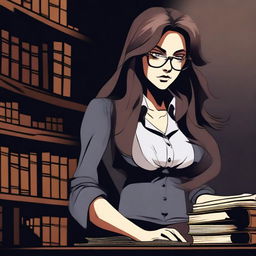 A sexy female librarian with long, unkempt hair looking angry