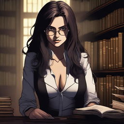 A sexy female librarian with long, unkempt hair looking angry