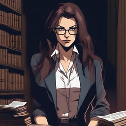 A sexy female librarian with long, unkempt hair looking angry