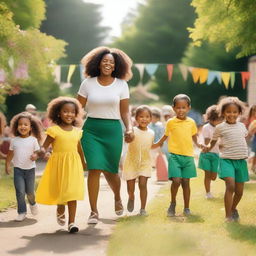 A teacher and her kindergarten students in a parade in a garden, learning and playing together