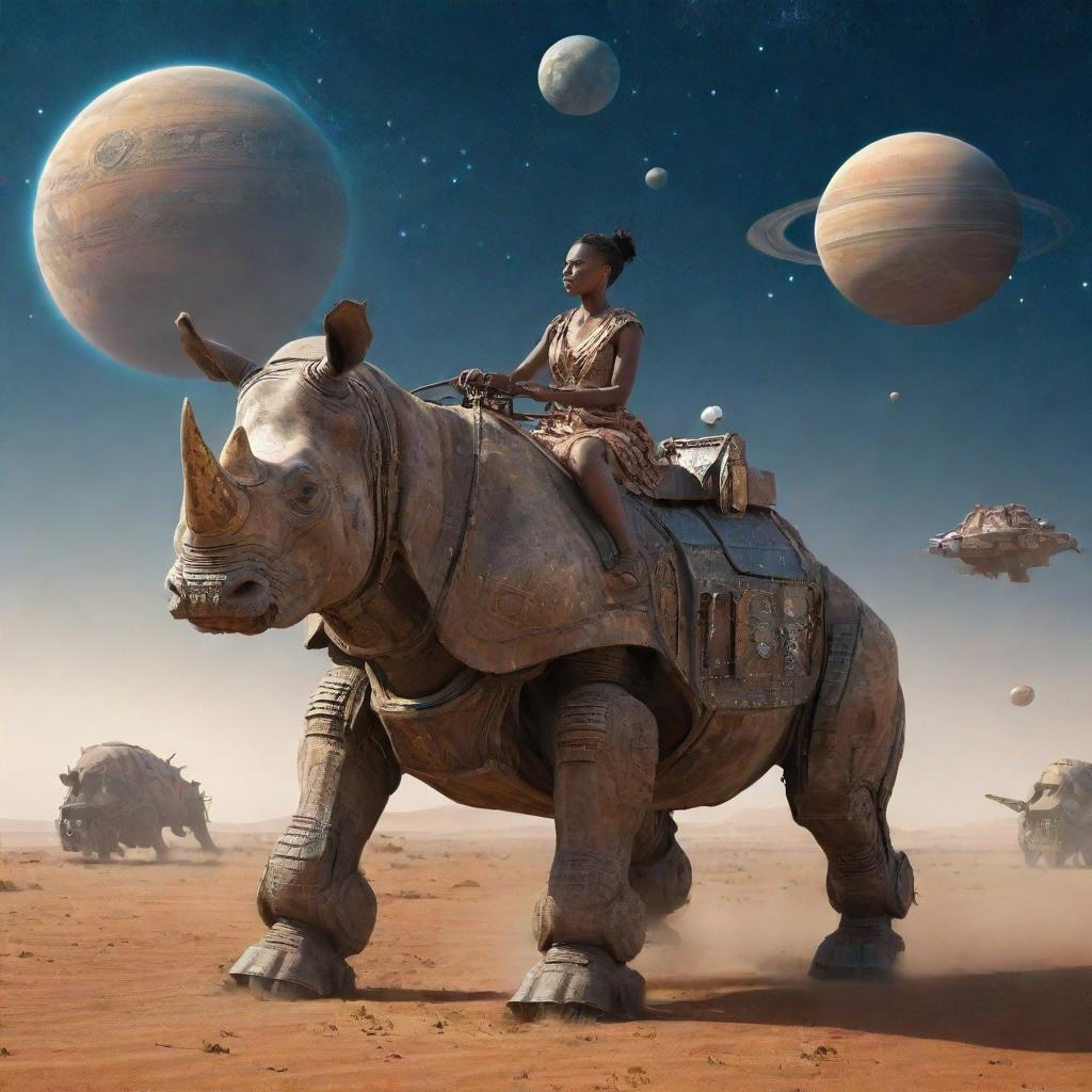 woman riding a worn robot rhinoceros, middle of the African steppe, futuristic setting, ships flying in a starry sky with planets
