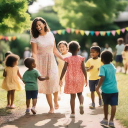 A teacher and her kindergarten students in a parade in a garden, learning and playing together