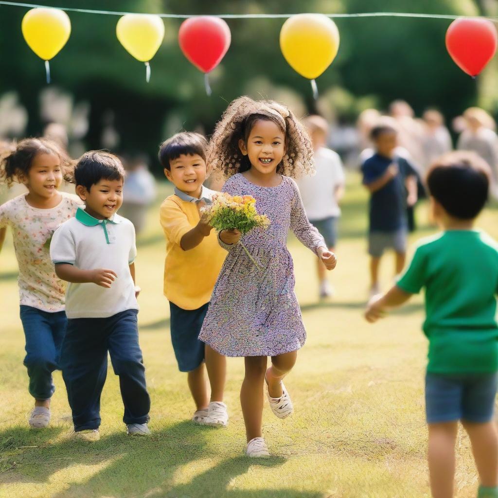 A teacher and her kindergarten students in a parade in a garden, learning and playing together