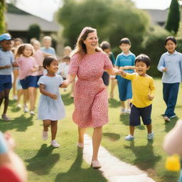 A teacher and her kindergarten students in a parade in a garden, learning and playing together