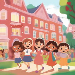 An animated scene of a teacher and her kindergarten students in a parade in a garden, learning and playing together