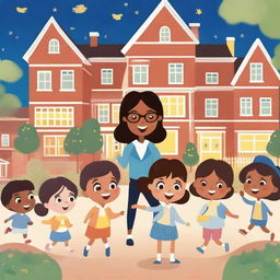 An animated scene of a teacher and her kindergarten students in a parade in a garden, learning and playing together