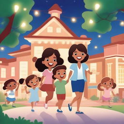 An animated scene of a teacher and her kindergarten students in a parade in a garden, learning and playing together