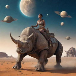 woman riding a worn robot rhinoceros, middle of the African steppe, futuristic setting, ships flying in a starry sky with planets
