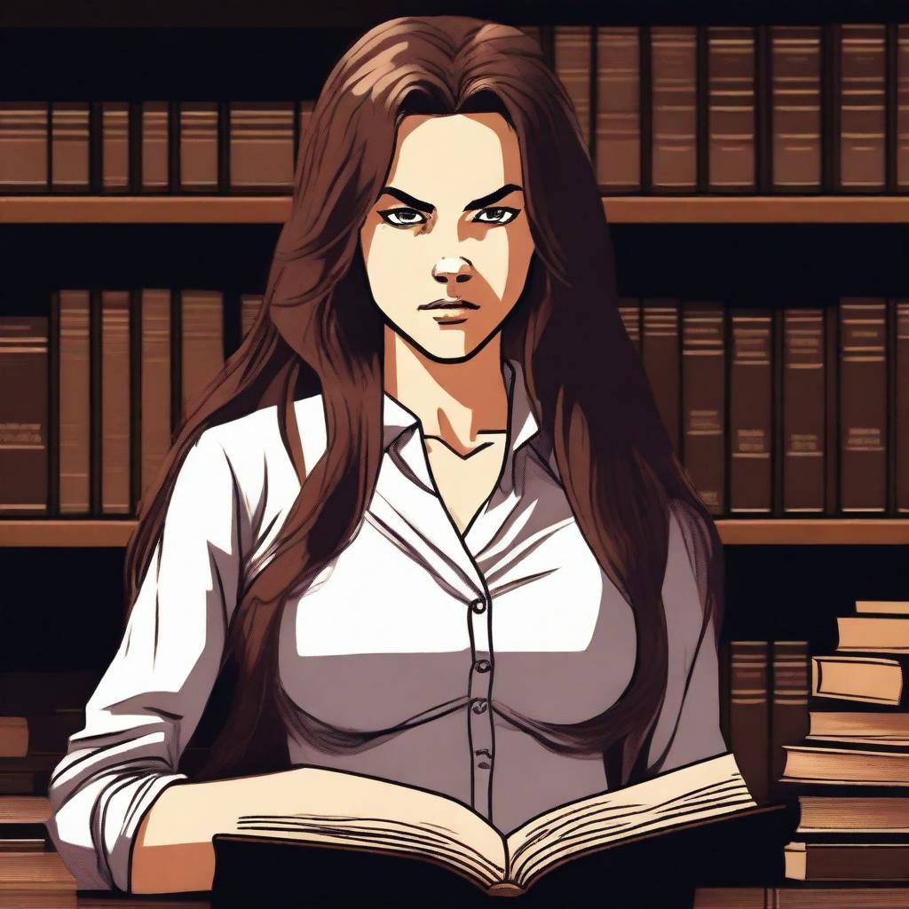 A young female librarian with long, unkempt hair, looking angry