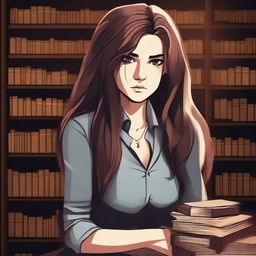 A young female librarian with long, unkempt hair, looking angry