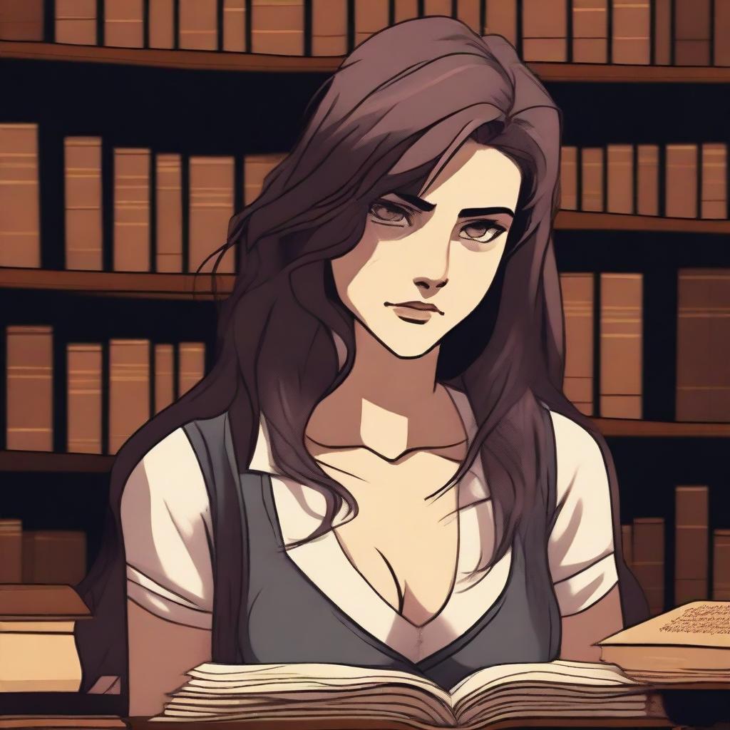 A young female librarian with long, unkempt hair, looking angry