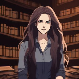 A young female librarian with long, unkempt hair, looking angry