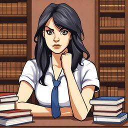 A young female librarian with long, unkempt dark hair