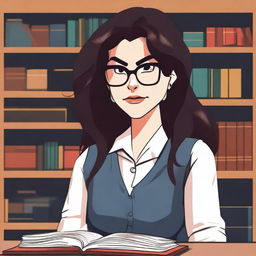 A young female librarian with long, unkempt dark hair