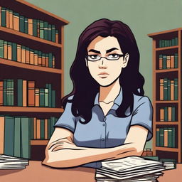 A young female librarian with long, unkempt dark hair