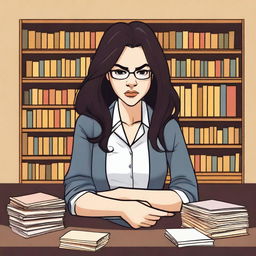 A young female librarian with long, unkempt dark hair