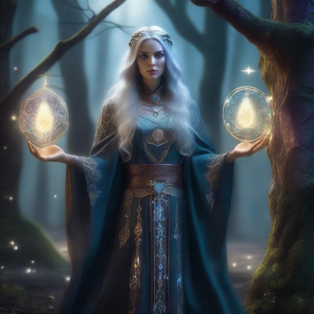 A powerful sorceress standing in a mystical forest, surrounded by glowing magical runes and ancient trees