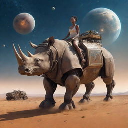 woman riding a worn robot rhinoceros, middle of the African steppe, futuristic setting, ships flying in a starry sky with planets
