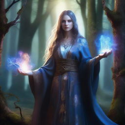 A powerful sorceress standing in a mystical forest, surrounded by glowing magical runes and ancient trees