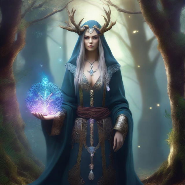 A powerful sorceress standing in a mystical forest, surrounded by glowing magical runes and ancient trees