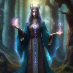 A powerful sorceress standing in a mystical forest, surrounded by glowing magical runes and ancient trees