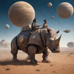 woman riding a worn robot rhinoceros, middle of the African steppe, futuristic setting, ships flying in a starry sky with planets
