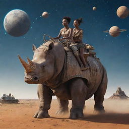 woman riding a worn robot rhinoceros, middle of the African steppe, futuristic setting, ships flying in a starry sky with planets
