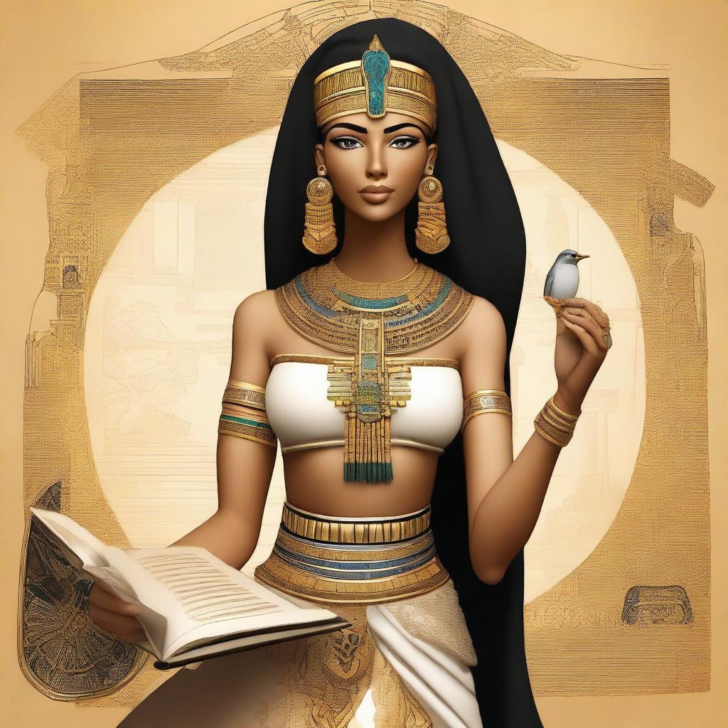 A modern goddess dressed in Egyptian attire, holding a book and a quill