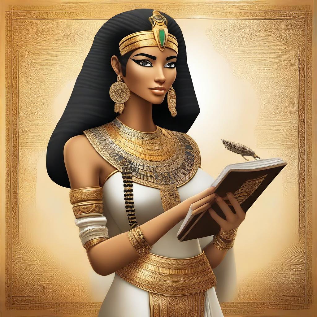 A modern goddess dressed in Egyptian attire, holding a book and a quill