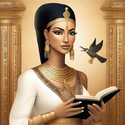A modern goddess dressed in Egyptian attire, holding a book and a quill