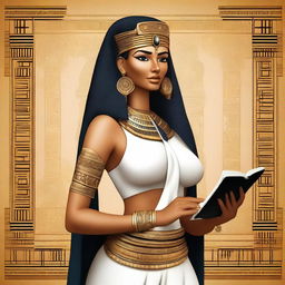 A modern goddess dressed in Egyptian attire, holding a book and a quill