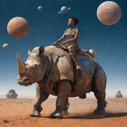 woman riding a worn robot rhinoceros, middle of the African steppe, futuristic setting, ships flying in a starry sky with planets
