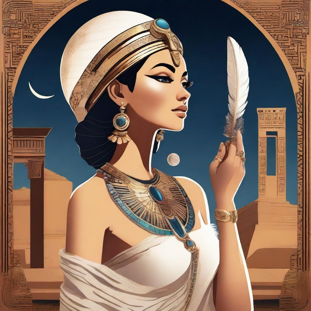 A modern woman dressed in Egyptian clothing holding a feather in her hand