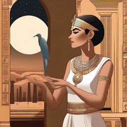 A modern woman dressed in Egyptian clothing holding a feather in her hand