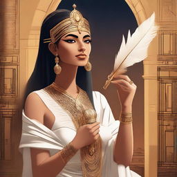 A modern woman dressed in Egyptian clothing holding a feather in her hand