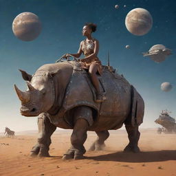 woman riding a worn robot rhinoceros, middle of the African steppe, futuristic setting, ships flying in a starry sky with planets
