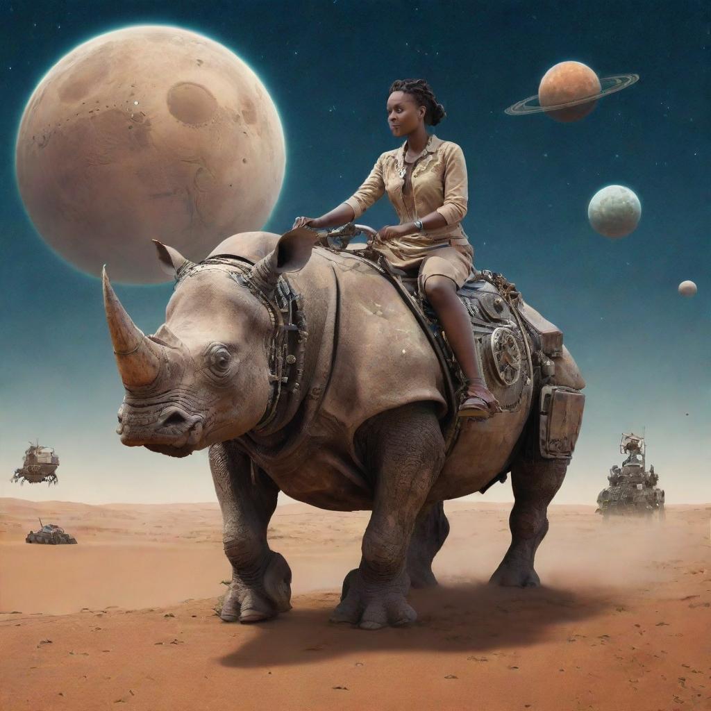 woman riding a worn robot rhinoceros, middle of the African steppe, futuristic setting, ships flying in a starry sky with planets, renascentist style



