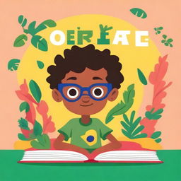 Create a book cover featuring a really small Brazilian boy wearing glasses