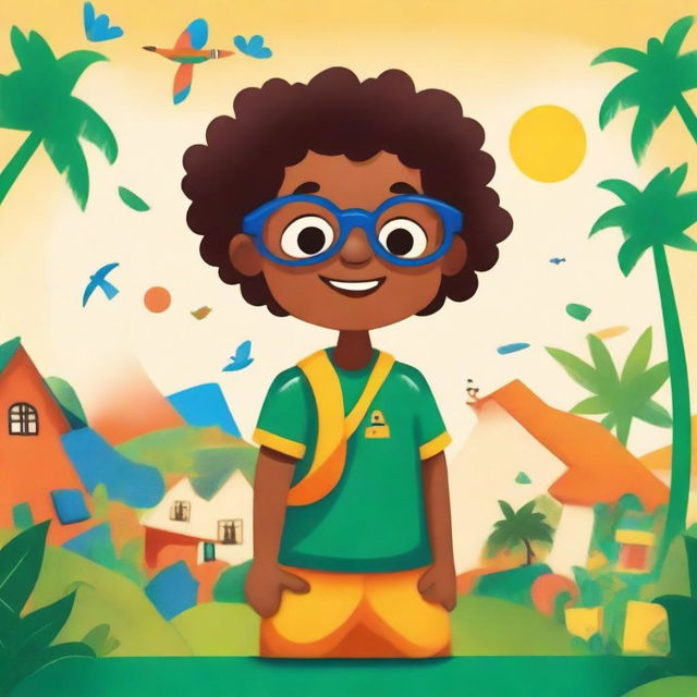 Create a book cover featuring a really small Brazilian boy wearing glasses