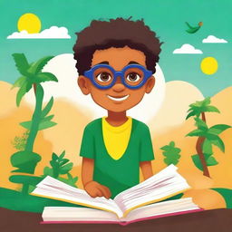 Create a book cover featuring a really small Brazilian boy wearing glasses