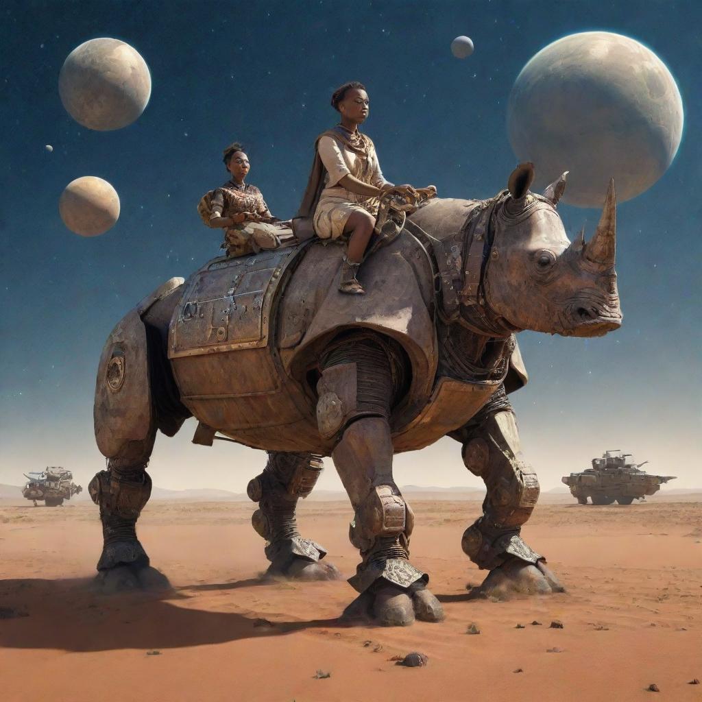 woman riding a worn robot rhinoceros, middle of the African steppe, futuristic setting, ships flying in a starry sky with planets, renascentist style



