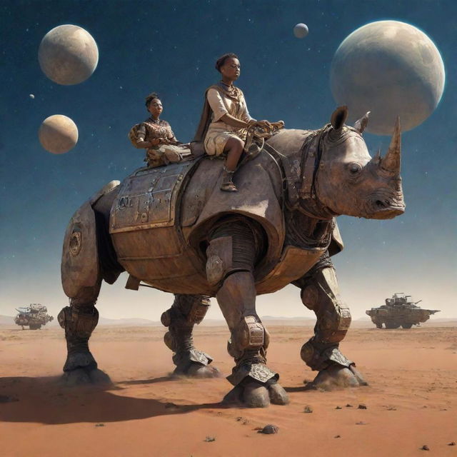 woman riding a worn robot rhinoceros, middle of the African steppe, futuristic setting, ships flying in a starry sky with planets, renascentist style



