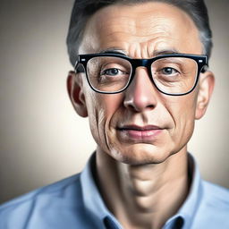 Create an ultra-realistic image of a thin, short man wearing glasses