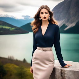 A beautiful young woman standing confidently in a stylish outfit, with a scenic background that complements her elegance and charm