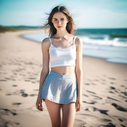 A tall, thin girl with white skin wearing a short summer skirt, standing on a beach