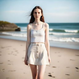 A tall, thin girl with white skin wearing a short summer skirt, standing on a beach