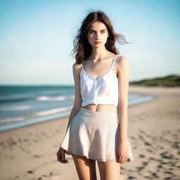 A tall, thin girl with white skin wearing a short summer skirt, standing on a beach