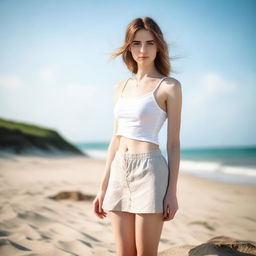 A tall, thin girl with white skin wearing a short summer skirt, standing on a beach