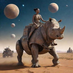 woman riding a worn robot rhinoceros, middle of the African steppe, futuristic setting, ships flying in a starry sky with planets, renascentist style



