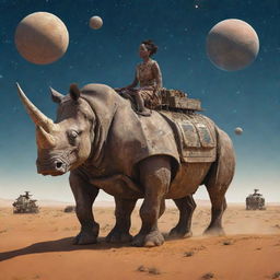 woman riding a worn robot rhinoceros, middle of the African steppe, futuristic setting, ships flying in a starry sky with planets, renascentist style



